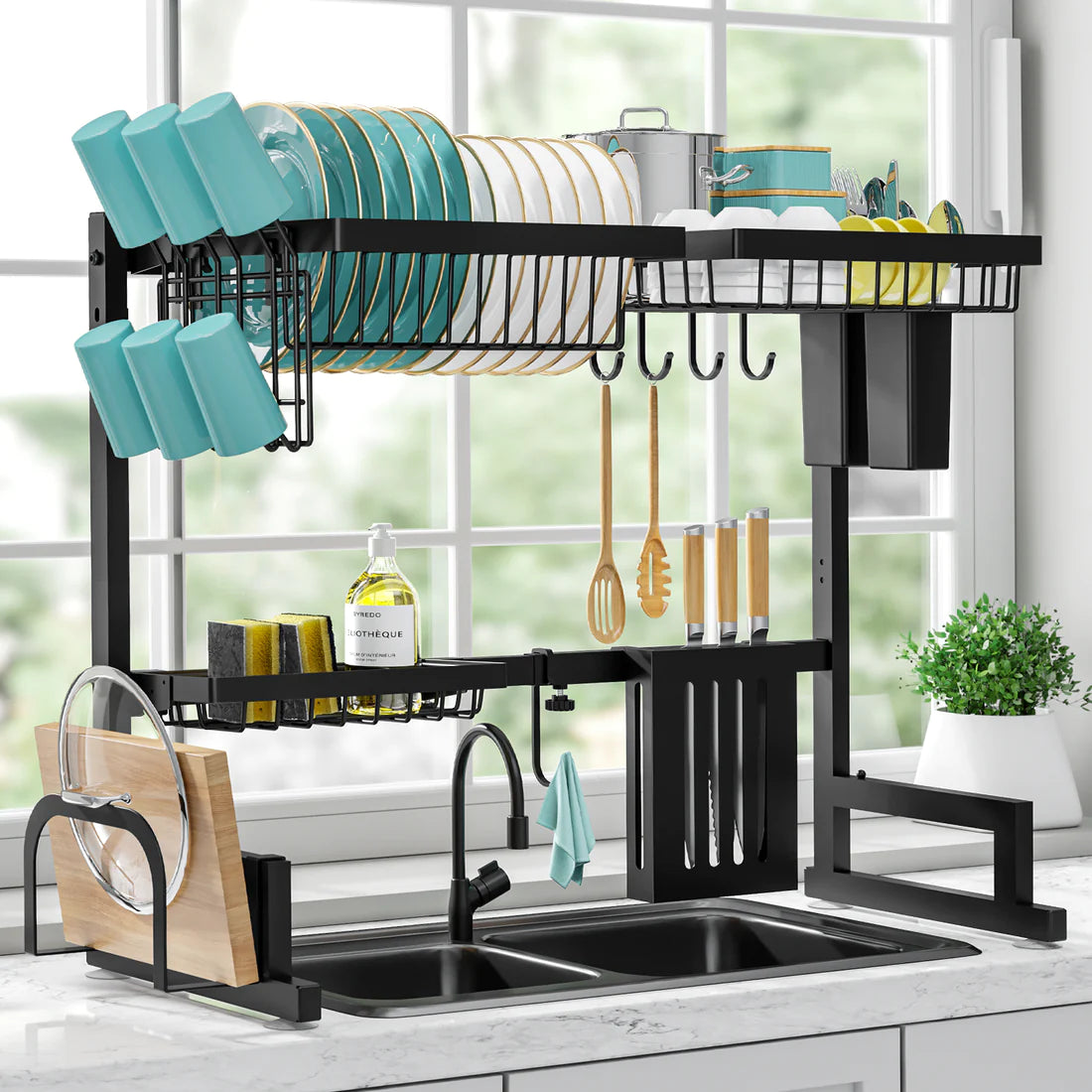 Dish Drying Rack - Expandable Dish Rack - Large Stainless Steel Dish Dryer  Racks for Kitchen Counter with Wine Glass Holder, Cutlery Holder, Black