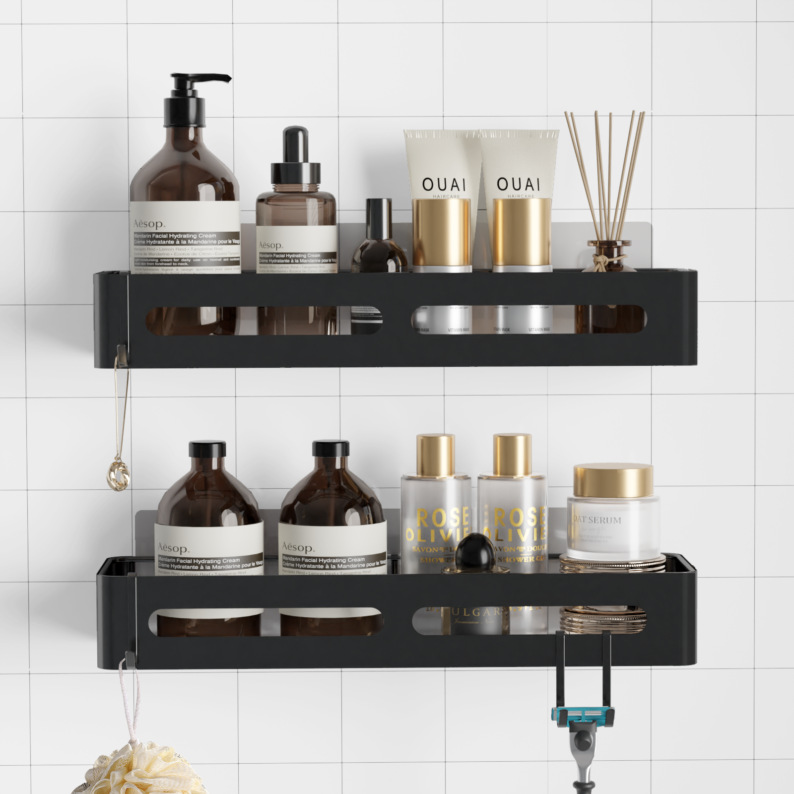 Sakugi Shower Caddy - 3 Piece Set, Corner Shower Shelves with Hooks 