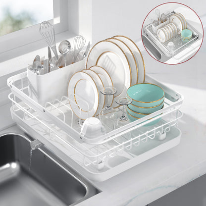 Sakugi Sink Drying Rack Expandable - Stainless Steel Dish Drying Rack with Drainboard Used on Kitchen Counter, Over Sink and In Sink, White