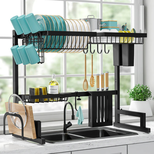 Sakugi Over The Sink Dish Drying Rack - Large Drying Rack w/Adjustable Length 23.6"-35.0", Space-Saving Dish Rack for Kitchen Counter, Multifunctional Stainless Steel 2-Tier Dish Drying Rack, Black