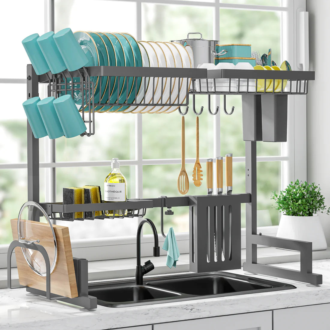 Sakugi Over The Sink Dish Drying Rack - Adjustable Drying Rack w/ Large Capacity, Space-Saving Dish Rack for Kitchen Counter, Multifunctional 2-Tier Dish Drying Rack, Premium Stainless Steel Dish Rack, Grey