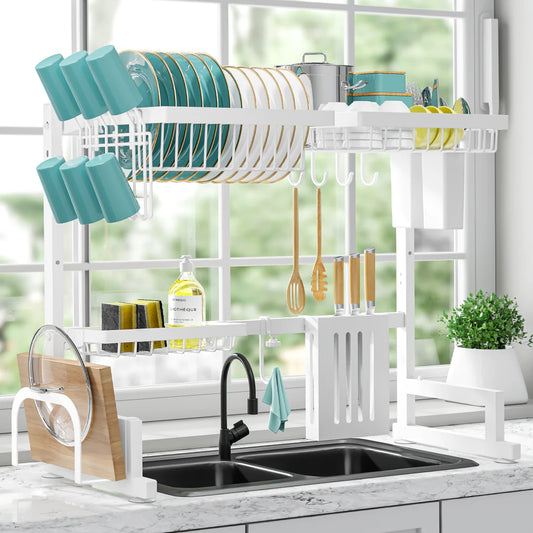 Sakugi Over The Sink Dish Drying Rack - Adjustable Drying Rack w/ Large Capacity, Space-Saving Dish Rack for Kitchen Counter, Multifunctional 2-Tier Dish Drying Rack, Premium Stainless Steel Dish Rack, White