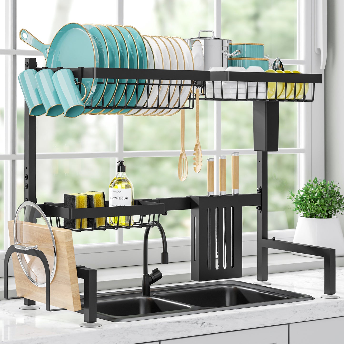 Dish Drying Rack - Large Over The Sink Dish Drainer Drying Rack (26.8" to 33.9" W), Large Capacity Stainless Steel Dish Rack, Multifunctional Kitchen Organizers and Storage Rack, Black