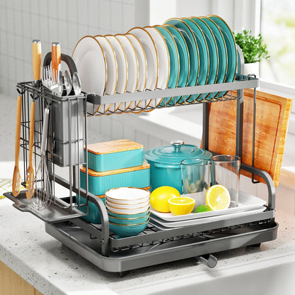Sakugi Dish Drying Rack for Countertop - Rustproof Dish Rack, Space-Saving & Multipurpose Drying Rack for Kitchen Counter with Utensil Holder, Large-Capacity 2-Tier Dish Drying Rack, Grey