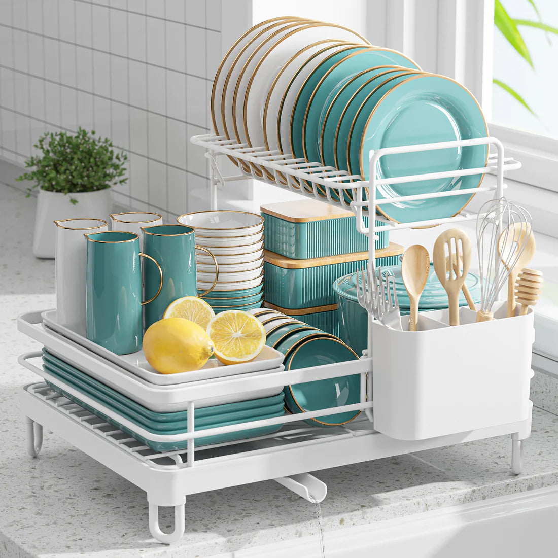 Sakugi Dish Drying Rack - X-Large Stainless Steel Dish Rack for Kitchen Counter, Kitchen Organizers and Storage for Dishes, Bowls, Cutlery, White