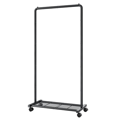 Sakugi Clothes Rack - Black Clothing Rack with Storage Mesh Shelf & Casters, Heavy-Duty Metal Clothing Rack for Hanging Clothes, Dresses, Sweaters, Coats, Large Load Capacity, Easy to Assemble