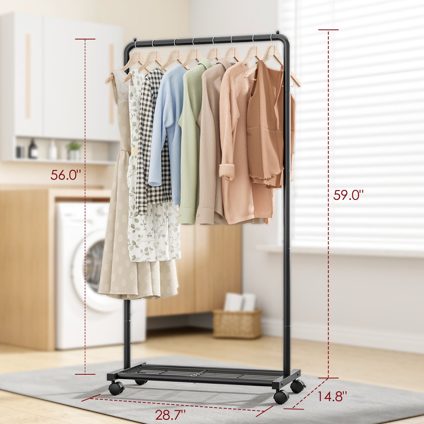 Sakugi Clothes Rack - Black Clothing Rack with Storage Mesh Shelf & Casters, Heavy-Duty Metal Clothing Rack for Hanging Clothes, Dresses, Sweaters, Coats, Large Load Capacity, Easy to Assemble