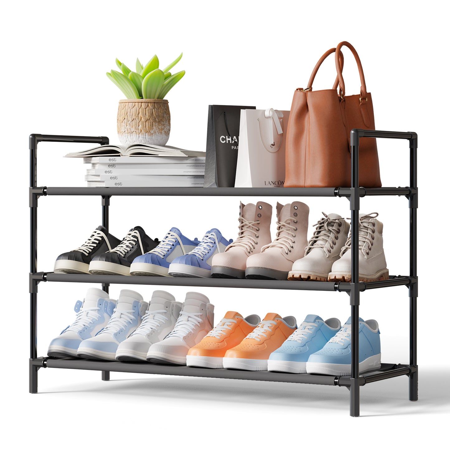 Sakugi Shoe Rack - Large-Capacity Shoe Organizer, 3-Tier Shoe Storage Rack, Sturdy & Durable Shoe Rack for Closet, Garage & Corridor, Stackable Shoe Rack for Entryway, Up to 16 Pairs of Shoes, Black