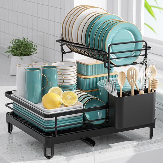 Sakugi Dish Drying Rack - Rustproof & Durable Dish Rack, Large-Capacity Drying Rack for Kitchen Counter, 2-Tier Dish Drying Rack for Dishes, Bowls, Cutlery, Black