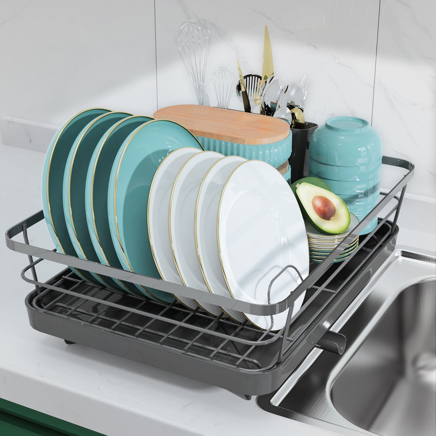 Sakugi Dish Drying Rack - Compact Dish Rack for Kitchen Counter with a Cutlery Holder, Durable Stainless Steel Kitchen Dish Rack for Various Tableware, Dish Drying Rack with Easy Installation, Grey