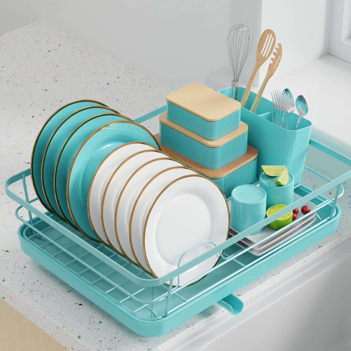 Sakugi Dish Drying Rack - Compact Dish Rack for Kitchen Counter with a Cutlery Holder, Durable Stainless Steel Kitchen Dish Rack for Various Tableware, Dish Drying Rack with Easy Installation,Blue