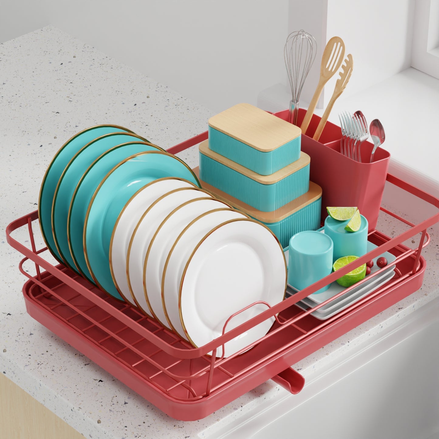 Sakugi Dish Drying Rack - Compact Dish Rack for Kitchen Counter with a Cutlery Holder, Durable Stainless Steel Kitchen Dish Rack for Various Tableware, Dish Drying Rack with Easy Installation,Red